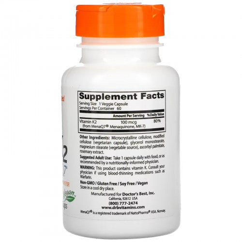 Doctor's Best, натуральный витамин K2 MK-7 с MenaQ7, 100 мкг, 60 вегетарианских капсул Doctor's Best, натуральный витамин K2 MK-7 с MenaQ7, 100 мкг, 60 вегетарианских капсул